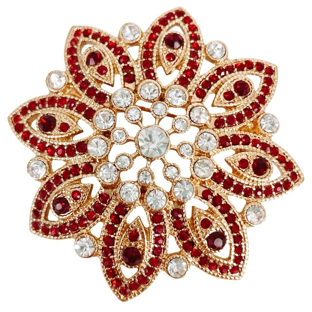 Signed Monet Red Rhinestone Brooch Gold Tone Floral Brooch 70s Flower Jewelry
